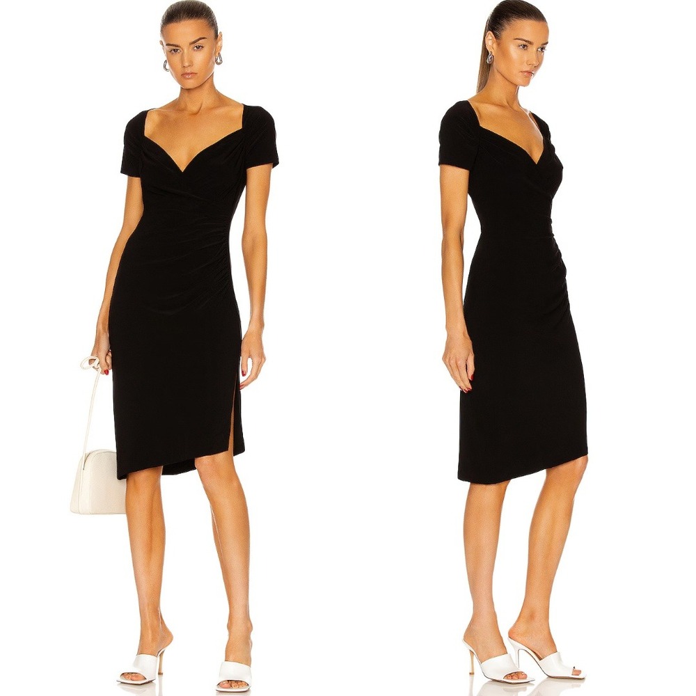 Norma Kamali Black Sweetheart Side Drape Dress Side Slit Ruched Medium